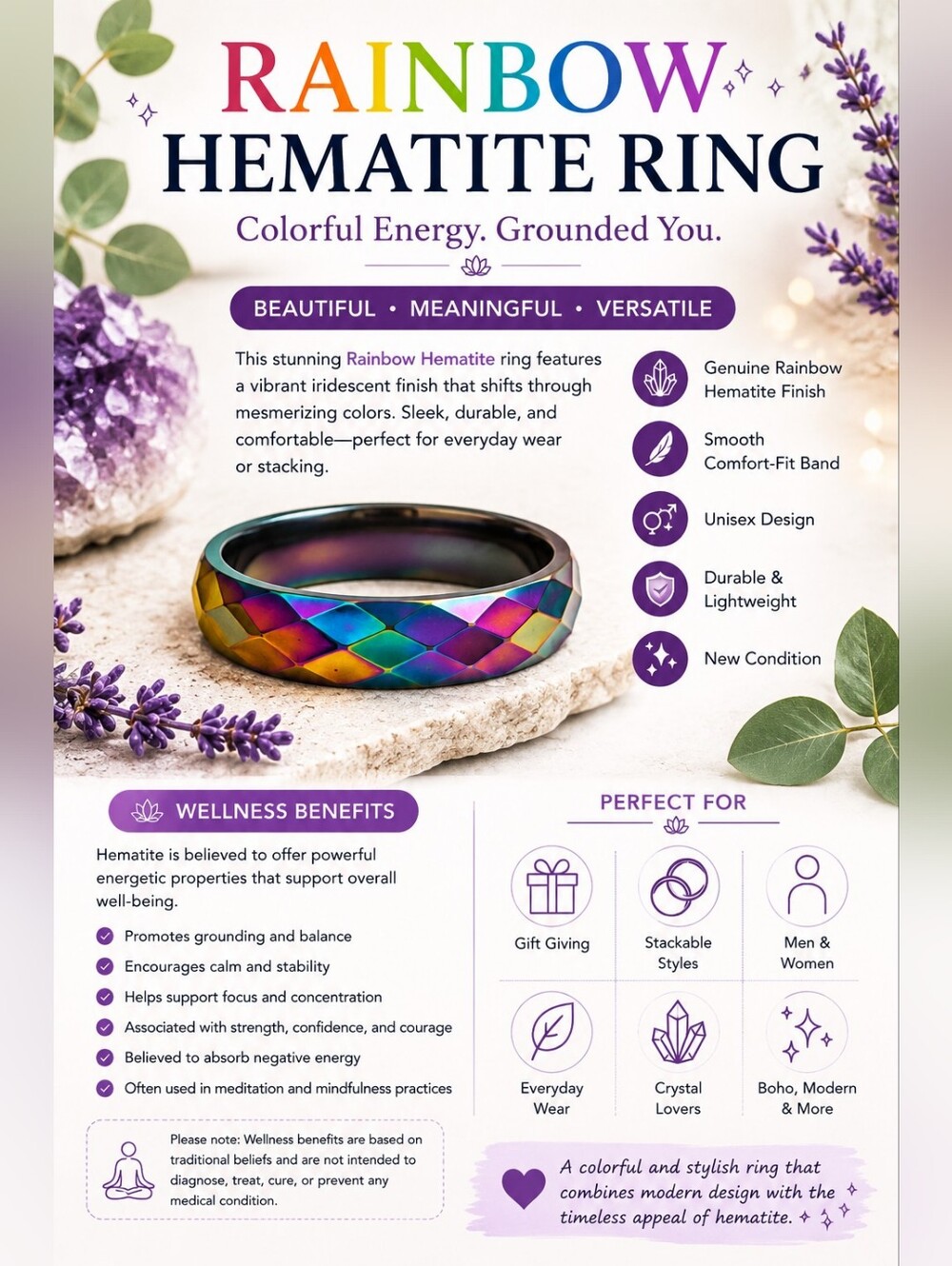 Rainbow Hematite Ring — Iridescent Multicolor Comfort-Fit Band Diamond Cut
